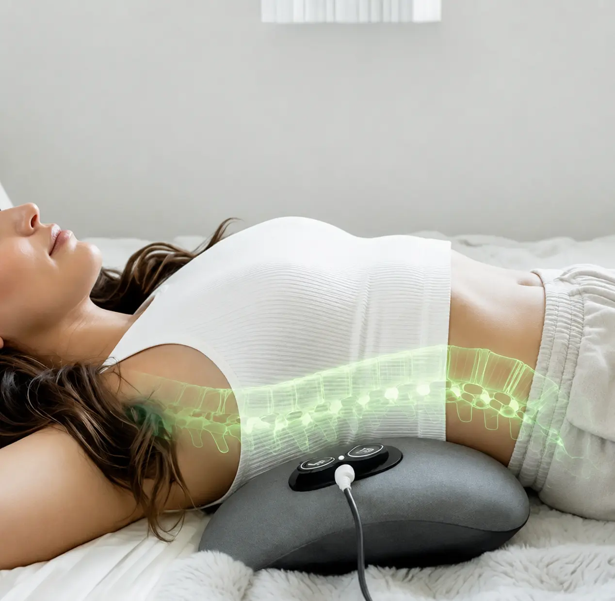 仰向けでSpinePod™を腰に当てている女性