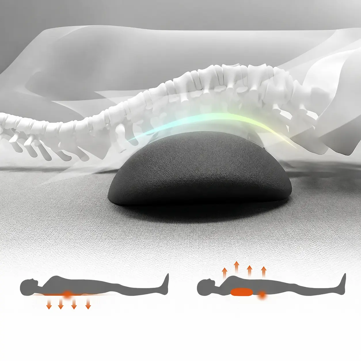 SpinePod™の26度カーブが腰椎を支え、腰への圧力を分散する仕組みの図解